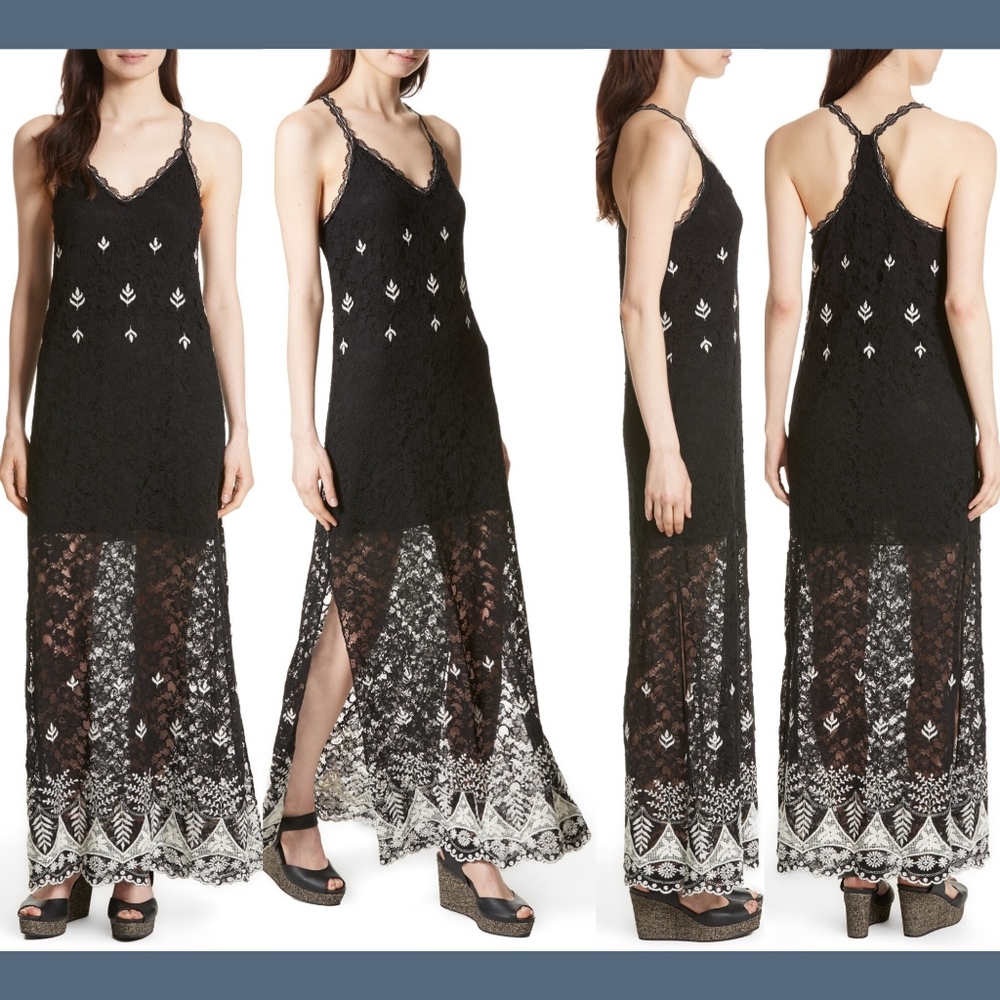 NWT alice + olivia Sally Embroidered Lace Maxi Slipdress In‎ Black [SZ 0 ]